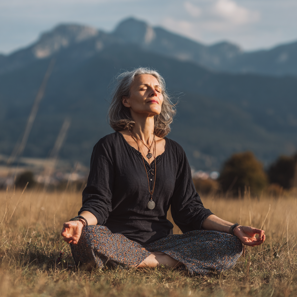 Peaceful Ukrainian woman in her 50s practicing yoga meditation outdoors in a serene garden setting