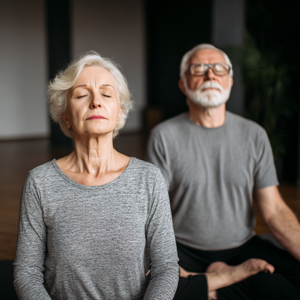 Content Ukrainian woman in her 60s practicing gentle yoga stretches in a well-lit modern room with plants
